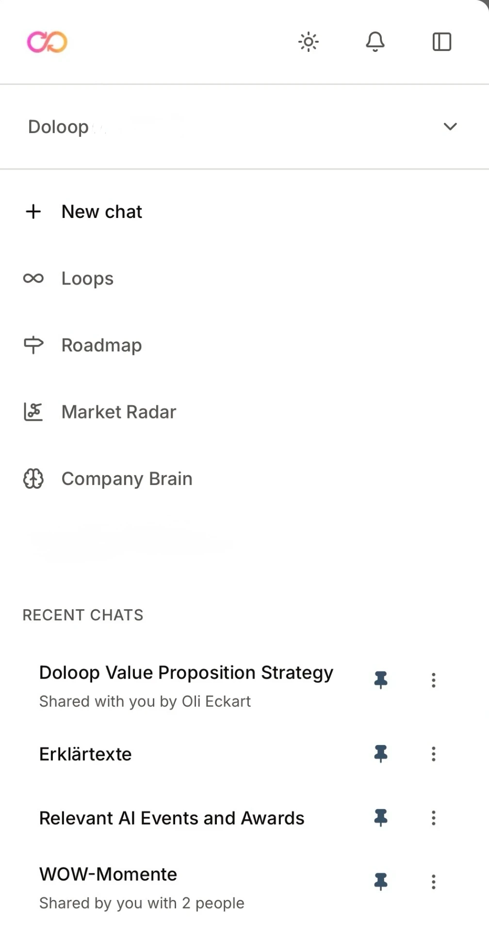 The DoLoop app on a phone: the sidebar with Loops, Roadmap, Market Radar and Company Brain.