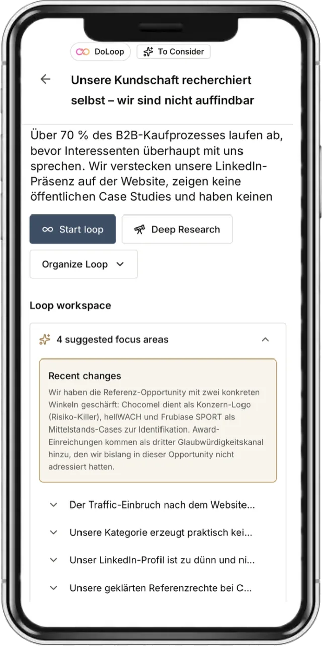 DoLoop app: loop workspace with recent changes and suggested focus areas.