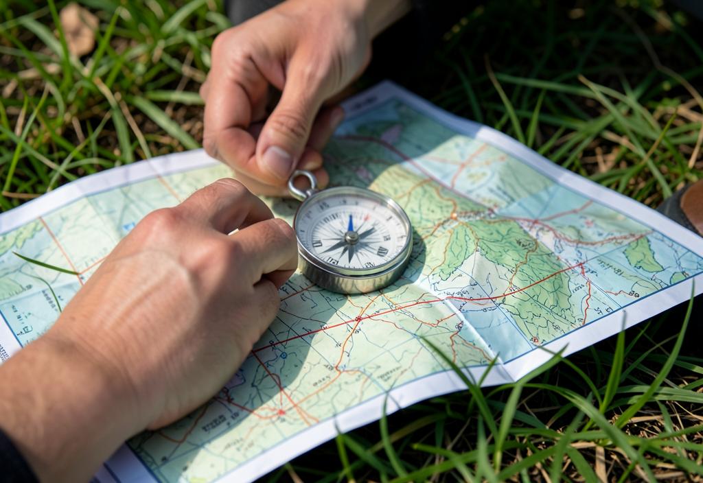 Hands holding a compass over a paper map on grass