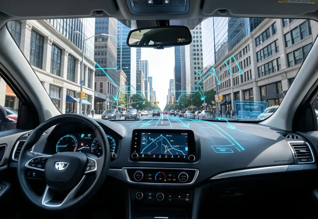 Car dashboard with a navigation overlay projected onto the windshield