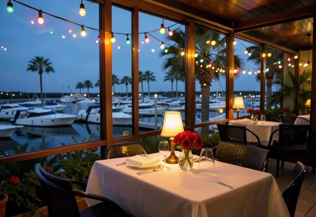 Waterfront restaurant terrace at dusk with string lights and a marina view