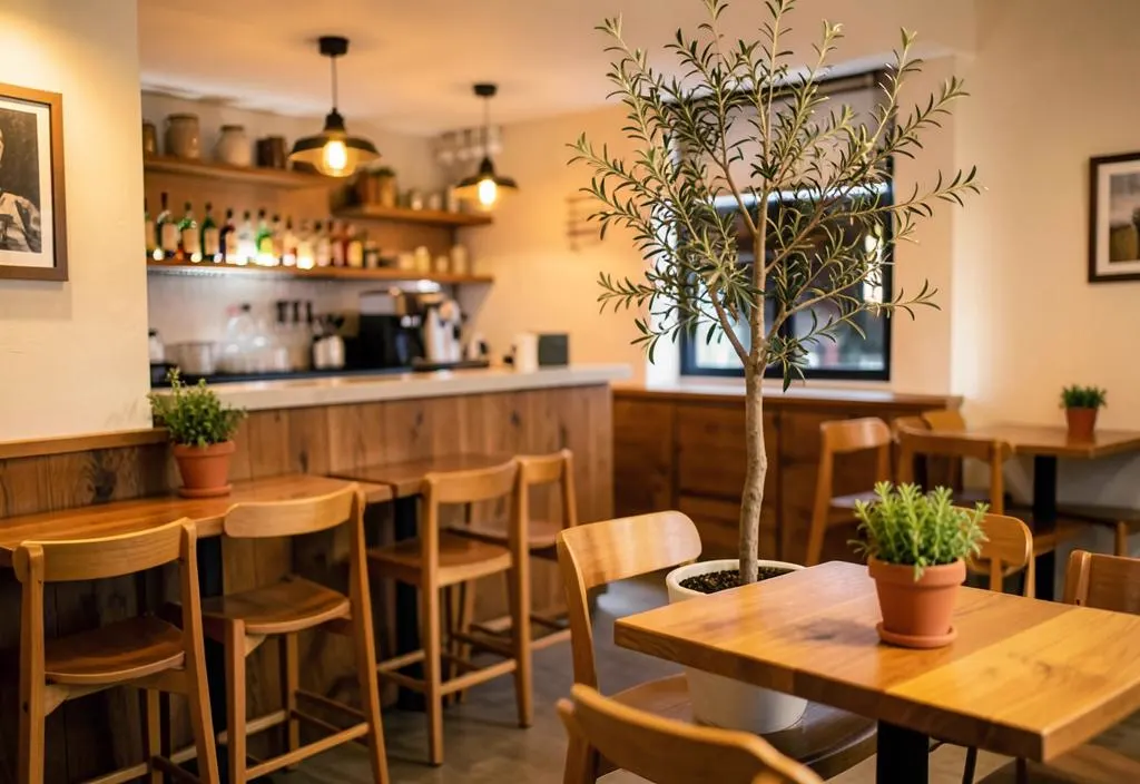 Interior of a casual restaurant with wooden tables and a bar